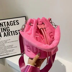 Luxury Crossbody Bucket Bag for Fall Winter Furry Purse Warm Fur Drawstring Chain Decorated Handle