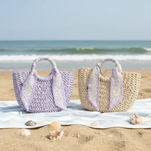 Luxury Custom Designer Drink Woven Straw Portable Handbag with Polyester Lining Summer Beach Crossbody Bag