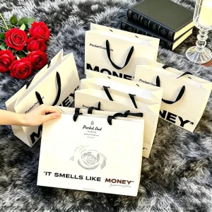 Luxury Custom Logo Ivory Cream Paper Shopping Bag with Ribbon Handle High End Gift Packaging Bags for Clothes Shoes Boutique