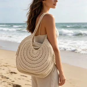 Luxury Design Round Cotton Embroidery Beach Bag Women Handmade Crochet Woven Handbag Spring Summer Large Capacity Tote Bags