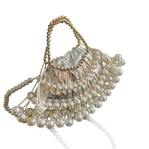 Luxury Designer Handbags Pearl Hollow-Weave Beaded Shell Evening Clutch with Draw Belt Closure Shoulder Bag