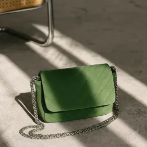 Luxury Designer Matcha Green European Retro Stripes Shoulder Bag Women Genuine Top Grain Cowhide Leather Textured Chain Strap