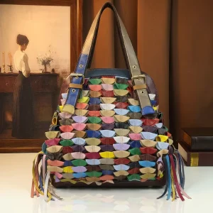 Luxury Designer Patchwork Handbag Women Bohemian Leather Tassel Tote Vintage Fish Scale Shoulder Hobo Bag Ladies Purse