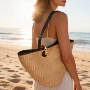 Luxury Designer Style Woven Straw Tote Bag Raffia Bucket Bag with Leather Trim Large Capacity Summer Beach Shoulder Handbag