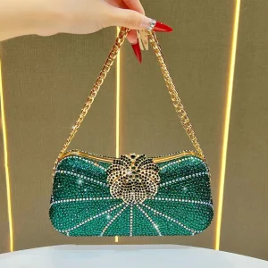 Luxury Emerald Green Rhinestone Evening Clutch Detachable Chain Sparkling Opulent Banquet Elegant Formal Women Evening Bag