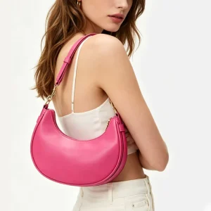 Luxury Inspired Pink Crescent Handbag for Women Vegan Leather Underarm Purse with Gold Hardware Women’s Shoulder Crossbody Bag