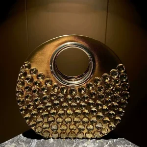 Luxury Pu Leather Evening Clutch Bag Gold Women Ring Handle Handbags High End Party Shoulder Bag Rhinestone Round Evening Bag