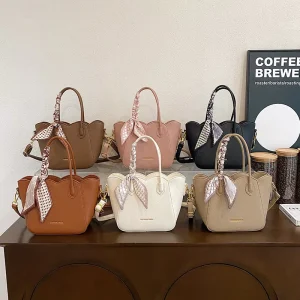 Luxury Scalloped Women Handbags With Silk Scarf PU Leather Ladies Shoulder Bag Trendy Tote Crossbody Bags For Women