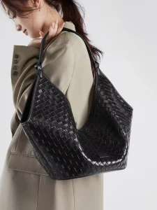 Luxury Soft Woven Genuine Leather Shoulder Bag for Ladies Casual Slouchy Hobo Tote Roomy Purse for Office Weekend