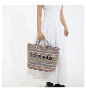 Luxury Summer Women’s Rattan Straw Bag Rainbow Striped Zipper Embroidery Solid Color Pattern Open Beach Tote Shoulder Bag