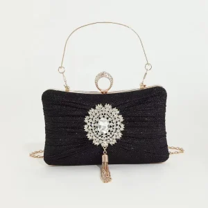 Luxury Vintage Fashion Pendant Tassel Pleated Rhinestone Chain Evening Clutch Bag Women Elegant Wedding Party Boutique