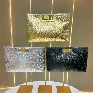 Luxury Women’s Gold PU Leather Clutch Bag Luxury Handbags with Chain PU Woven Leather Clutch Bag Evening Bags