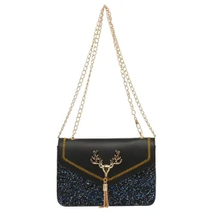 Luxury Women’s PU Leather Square Messenger Bag with Sequins Single Strap Cross Body Style Chain Decorated Handbag and Purses
