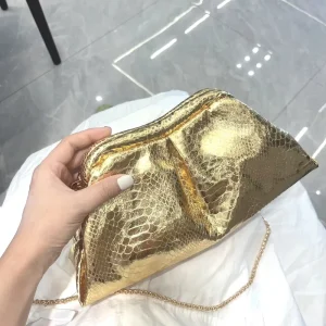 Luxury Women’s PU Wedding Party Shoulder Purse Serpentine Metallic Dumpling Shape Evening Bag Fashion Style Clutch