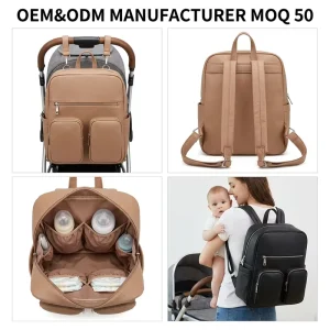 Manufacturer Custom Spacious Vegan Leather Baby Changing Diaper Bag Heavy Duty PU Mommy Backpack with Secure Zipper Closures