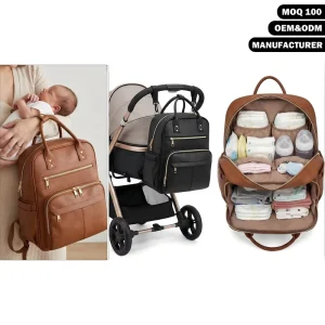 Manufacturer Custom Vegan PU Leather Diaper Bag Large Capacity Diaper Backpack Multi Function Baby Diaper Backpack for Dad Mom