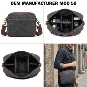 Manufacturer Retro Waxed Canvas DSLR Camera Messenger Bag Leather Trim Camera Bag with Removable Dividers for Camera Lens Flash