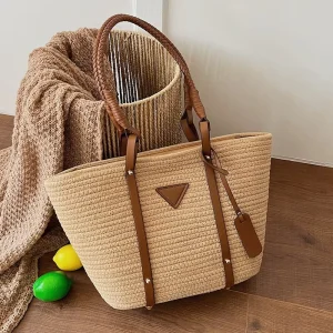 Medium Capacity Straw Woven Zipper Closure Women’s Single-Shoulder Bucket Bag Hand-Held Vegetable Bag