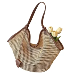 Medium Women’s Bag for Summer New Seaside Vacation Beach Bag Casual Shoulder Tote Woven Straw Magnetic Clasp Contrasting