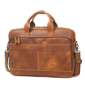 Men Luxury Vintage Crazy Horse Leather Wheeled Bag Genuine Leather Laptop Messenger Bag for Business Travel Retro Satchel