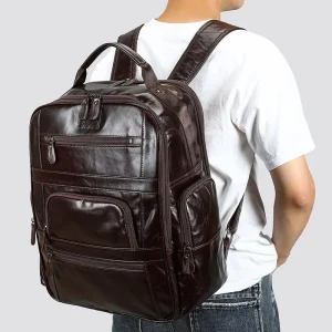 Men Waterproof Travel Backpack Leather 16 Inch Laptop Backpack Genuine Leather Backpack