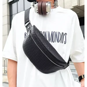 Men’s Adjustable Sport Fitness Waist Bag Fashion PU Leather Belt Bag Zipper Closure Waterproof Fanny Pack Polyester Lining