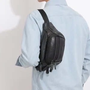 Mens Black Genuine Leather Waterproof Zipper Hiking Travel Pouch Purse Belt Unisex Multiple Pockets Funny Pack Waist Bag