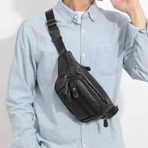 Mens Black Genuine Leather Waterproof Zipper Hiking Travel Pouch Purse Belt Unisex Multiple Pockets Funny Pack Waist Bag