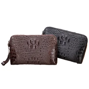 Men’s Embossed Alligator Coffee Genuine Leather Waterproof Zipper Long Clutch Mini Handbag Secure Wallet Wristlet Bags