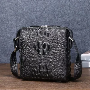 Men’s Fashion Casual Crossbody Bag Genuine Leather Crocodile Bone Print Small Outdoor & Business Shoulder Bag