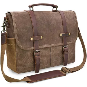 Mens Fashion Spring Messenger Bag 15.6 Inch Waterproof Vintage Genuine Leather Waxed Canvas Briefcase Large Satchel Shoulder Bag