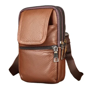Men’s Genuine Leather Crossbody Bag Small Waist Fanny Pack with Zipper Closure Cell Phone Purse