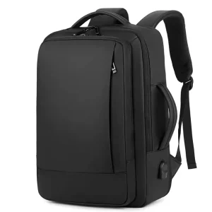 Men’s PU Laptop Backpack Waterproof Expandable Business Bag with USB Charging Port Stylish Computer Daypack for Work