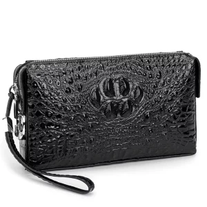 Men’s Vintage Genuine Leather Clutch Wallet Alligator Pattern Zipper Anti theft Code Lock Large Capacity Handbag