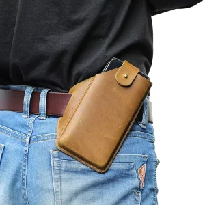 Men’s Vintage Genuine Leather Waterproof Cell Phone Case Holster Clip Belt Loop Button Closure Waist Pouch Bag