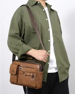 Men’s Vintage Waterproof PU Leather Messenger Bag Fashion Business Travel with Zipper Closure Polyester Lining
