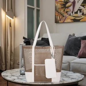 Mesh Beach Tote Bag Women Large Sand Proof Handbag With Small Purse Pool Bag For Swimming Gym Toys