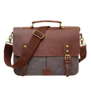 Messenger Satchel Bag for Men Vintage Canvas Real Leather 14 inch Laptop Sling Shoulder Bag