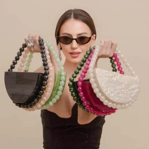 Metallic Retro Semi-circular Pearl Acrylic Handbag Simple Square Evening Bag Women’s Bag