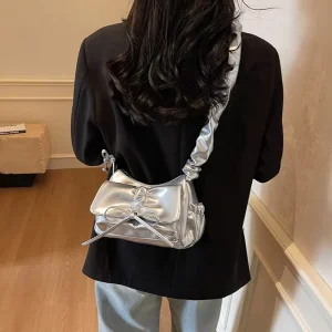 Metallic Silver Underarm Bag with Ruched Cloud Strap Chic Y2K Style Bow Decor Purse Futuristic Shiny Silver Hobo Bag for Women