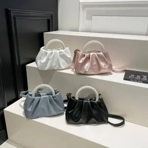 Mini Cloud Bag Light Luxury Pearl Handbag for Women Wrinkled Shoulder Crossbody Bag