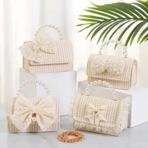 Mini Handmade Bowknot Vintage Fashion Girls Shoulder Bag with Embroidery Pearls Sequins Trendy Winter Design