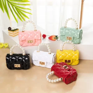 Mini Jelly Bag Children Kids Handbags Women Ladies Purses Shoulder Crossbody Bag with Pearl Chain Bags for Girls