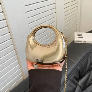 Mini Luxury Women’s Tote Bag Solid Half Moon PVC Purse with Zipper Closure and Chain Decor Polyester Lining