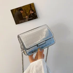Mini Metallic Crocodile Pattern Women’s Bag Shoulder Bag Silver Chain Crossbody Clutch for Women Party & Evening Use