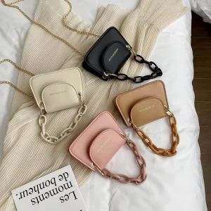 Mini PU Leather Crossbody Bag with Acrylic Chain Strap Women’s Small Shoulder Purse Cute Trendy Square Handbag for Daily Use