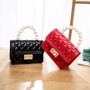 Mini Quilted Portable Handbag Jelly Purse with Embroidery Pearl Decoration Chain Cute Lipstick Messenger Bags for Girls