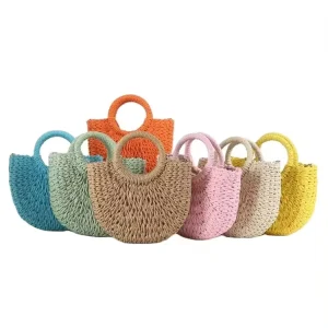 Mini Semi circle Straw Bag Hand woven Women Summer Retro Beach Tote Shoulder Bag Crossbody Travel Beach Bag