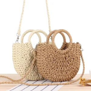 Mini Semi-circle Straw Handbags Hand Woven Summer Beach Shoulder Crossbody Straw Bag With Round Handle