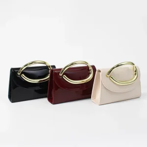 Minimal Gloss Patent PU Evening Clutch Chunky Oval Gold Metal Top Handle Women Small Purse for Wedding Formal Daily
